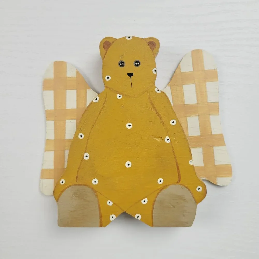 Two Vintage Handmade Folk Art Wooden Bears Angel Wings Heart Hand Painted polka.